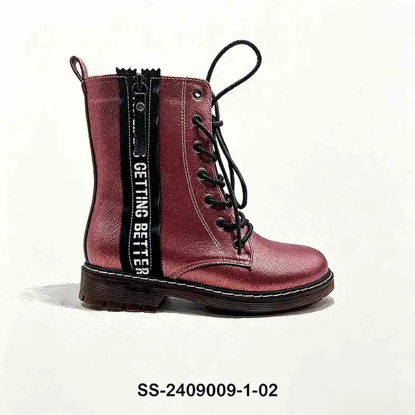 Metallic Burgundy Kids Combat Boots Side Zipper Letter Ribbon Wholesale