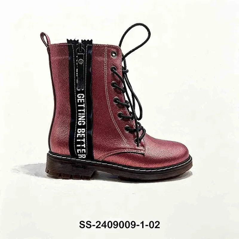 Metallic Burgundy Kids Combat Boots Side Zipper Letter Ribbon Wholesale