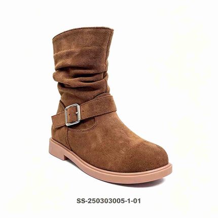 Brown Suede Slouch Kids Mid Calf Boots With Metal Buckle Strap