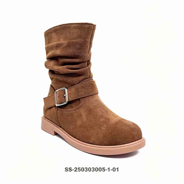 Brown Suede Slouch Kids Boots Metal Buckle Strap Side Zipper Wholesale