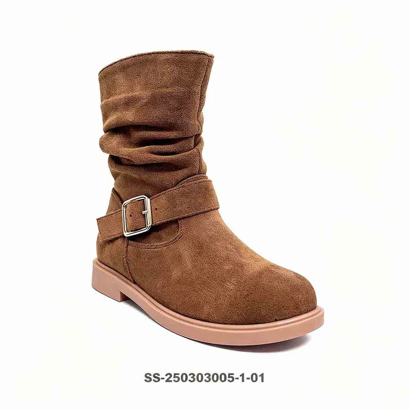 Brown Suede Slouch Kids Boots Metal Buckle Strap Side Zipper Wholesale