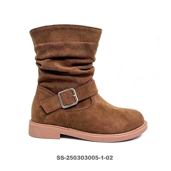 Brown Suede Slouch Kids Boots Metal Buckle Strap Side Zipper Wholesale
