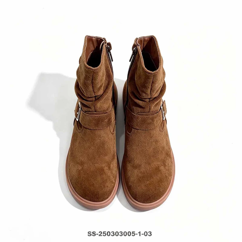 Brown Suede Slouch Kids Boots Metal Buckle Strap Side Zipper Wholesale