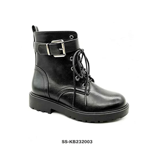 Black Faux Leather Kids Combat Boots With Wide Buckle Strap