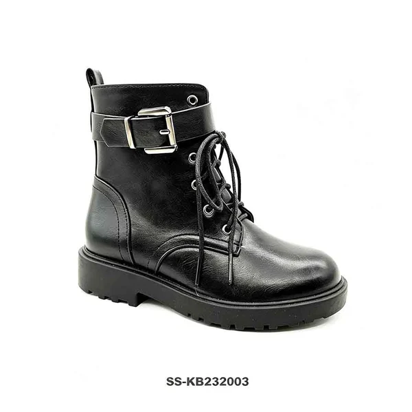 Black Faux Leather Kids Combat Boots Wide Buckle Strap Lace Up Wholesale