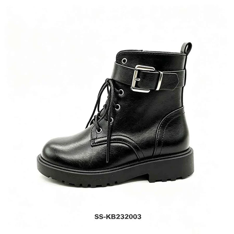 Black Faux Leather Kids Combat Boots Wide Buckle Strap Lace Up Wholesale