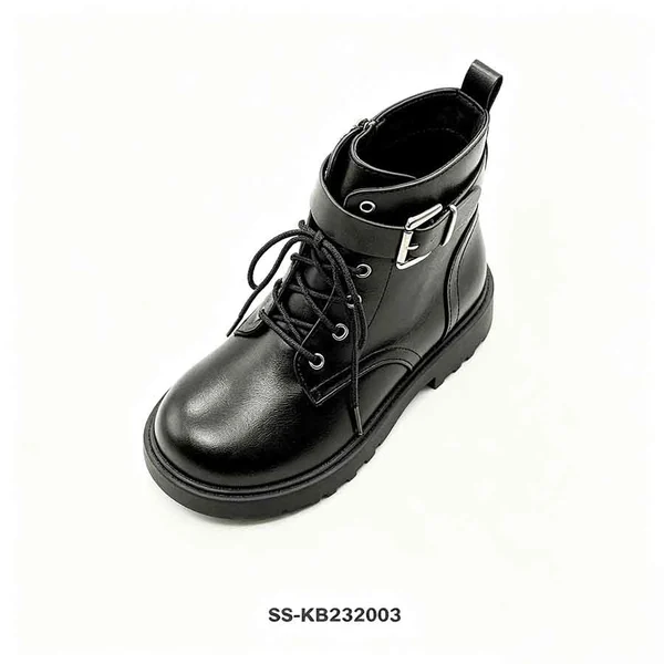 Black Faux Leather Kids Combat Boots Wide Buckle Strap Lace Up Wholesale