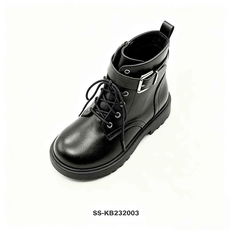 Black Faux Leather Kids Combat Boots Wide Buckle Strap Lace Up Wholesale