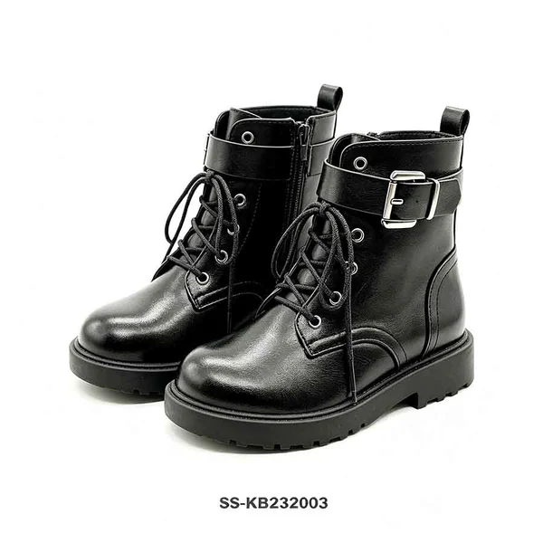 Black Faux Leather Kids Combat Boots Wide Buckle Strap Lace Up Wholesale