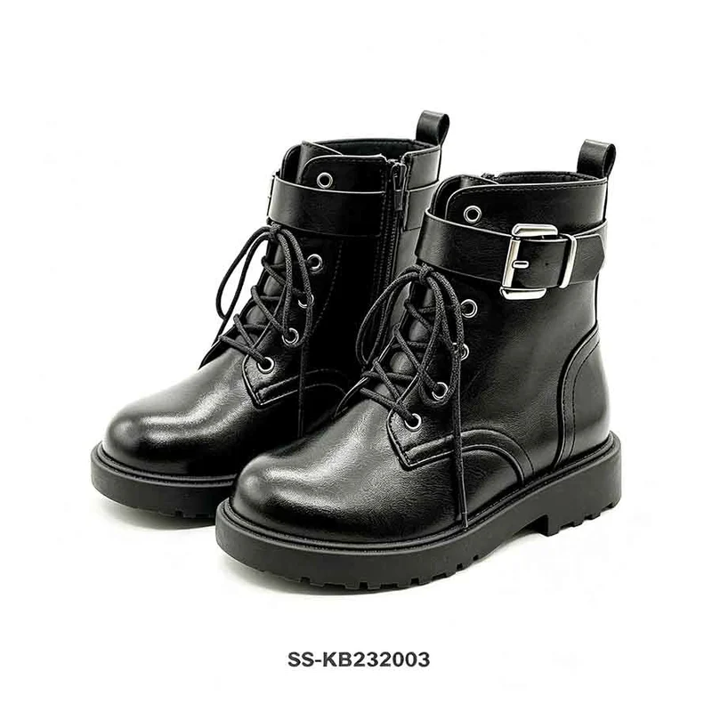 Black Faux Leather Kids Combat Boots Wide Buckle Strap Lace Up Wholesale