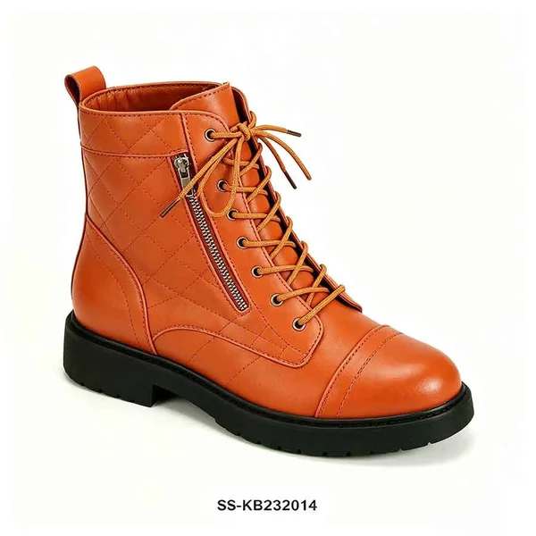 Orange Quilted Kids Combat Boots Lace Up Side Zipper Faux Leather Wholesale
