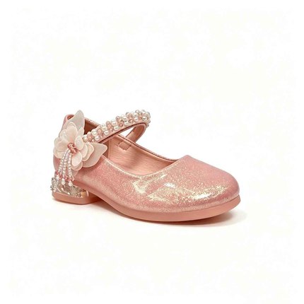 Pink Glitter Girls Princess Heel Shoes With Pearl Strap & Fabric Flower