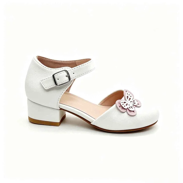 White Ankle Strap Girls Block Heel Sandals With Butterfly Decoration Wholesale