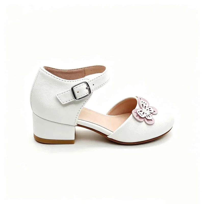 White Ankle Strap Girls Block Heel Sandals With Butterfly Decoration Wholesale