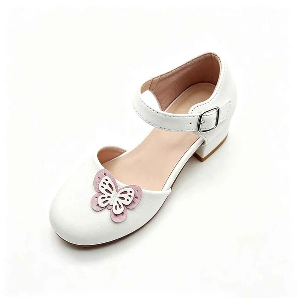 White Ankle Strap Girls Block Heel Sandals With Butterfly Decoration Wholesale