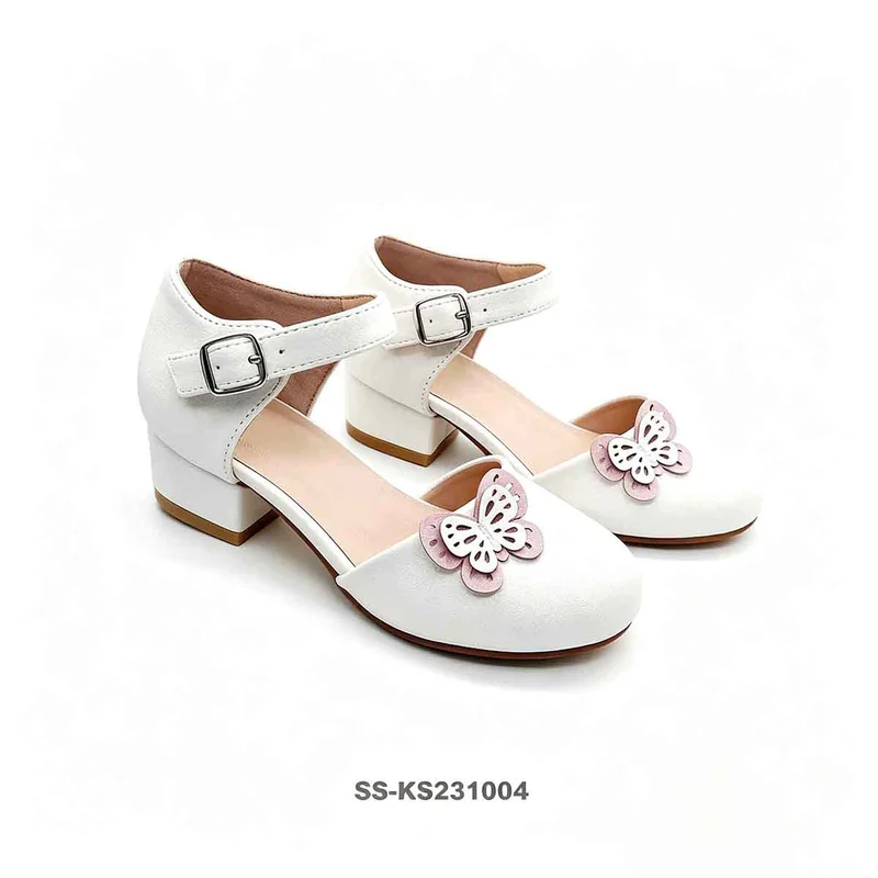 White Ankle Strap Girls Block Heel Sandals With Butterfly Decoration Wholesale