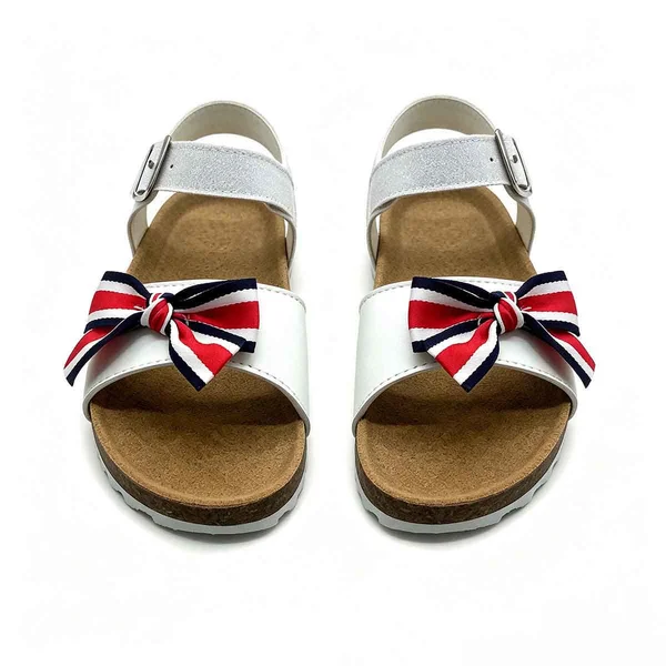Girls Cork Footbed Sandals With Striped Bow Glitter Ankle Strap Wholesale