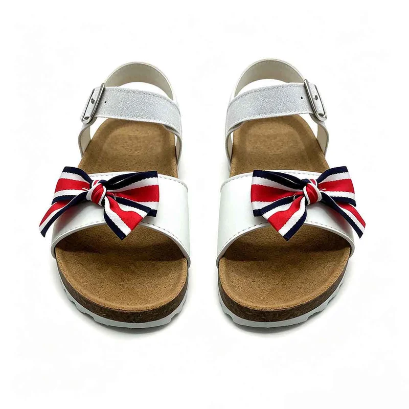 Girls Cork Footbed Sandals With Striped Bow Glitter Ankle Strap Wholesale