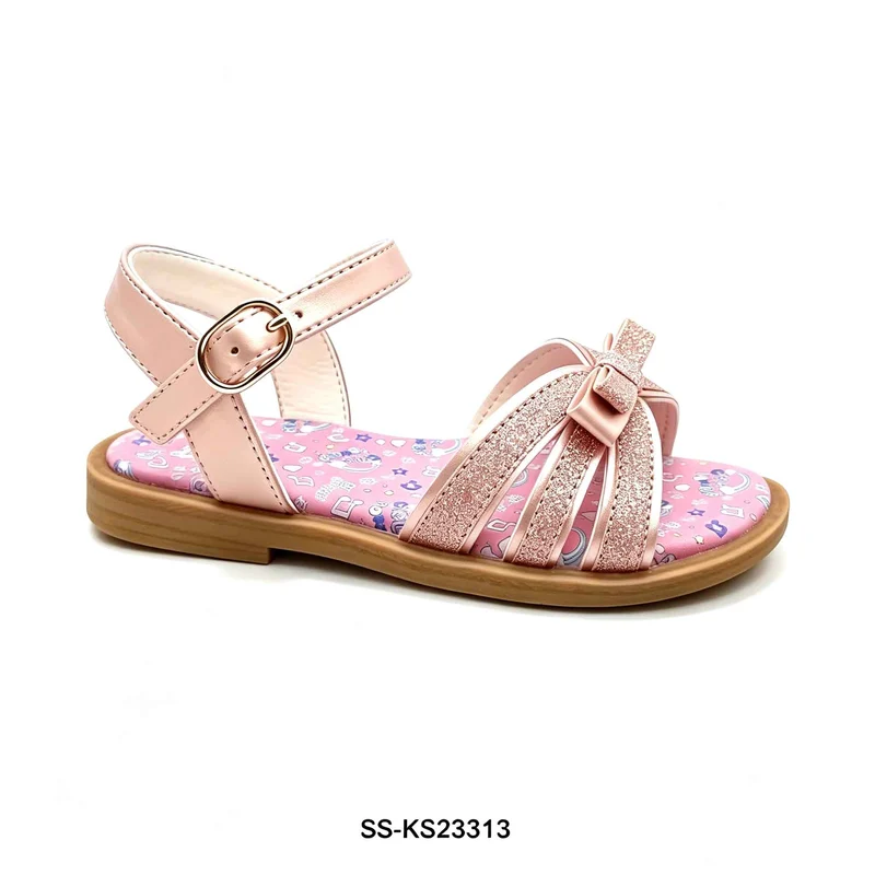 Girls Glitter Bow Flat Sandals Printed Insole Ankle Buckle Wholesale