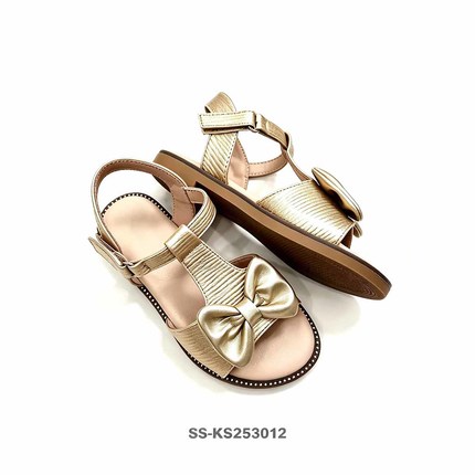 Girls Two Tone Bow Flat Sandals T Strap Adjustable Ankle Hook Loop