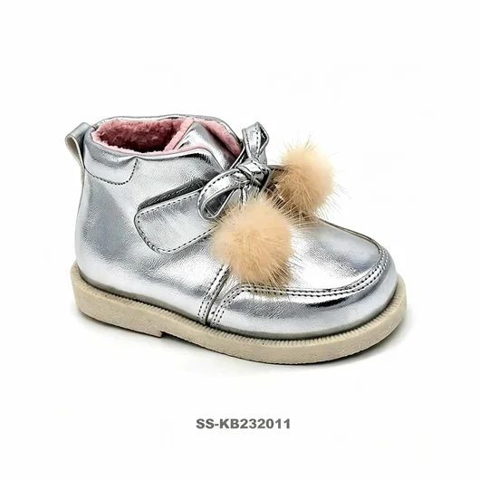 Toddler Silver Fleece Lined Ankle Boots With Pom Pom Bow