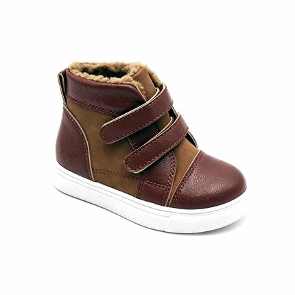 Toddler Two Tone Brown Fleece High Top Boots Double Hook Loop