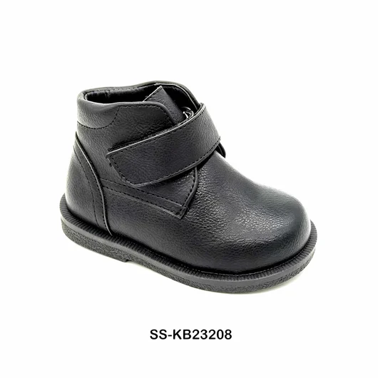 Toddler Black Leather Look Ankle Boots Single Hook Loop Strap