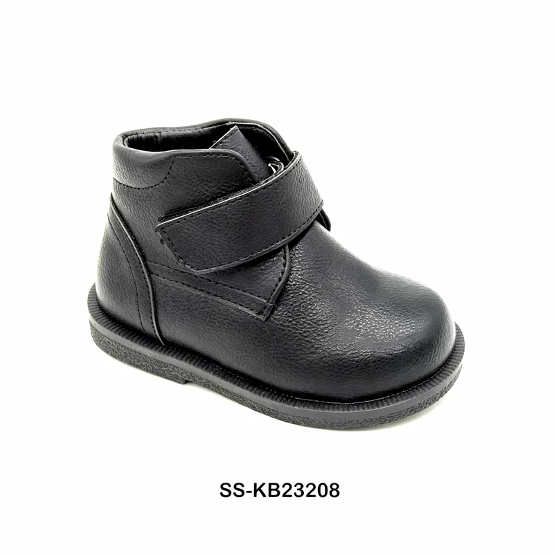Toddler Black Leather Look Ankle Boots Hook Loop Strap Wholesale
