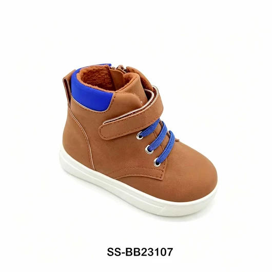 Toddler Brown Blue Contrast High Top Warm Boots Lace & Hook Loop