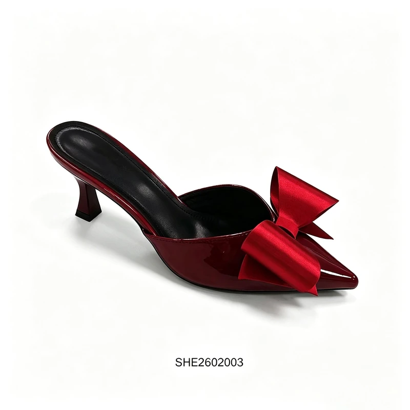 Wine Red Patent Mules Heels Big Satin Bow Wholesale
