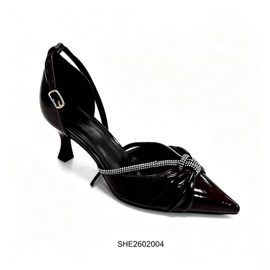 Black Patent Slingback Heels With Rhinestone Twisted Strap