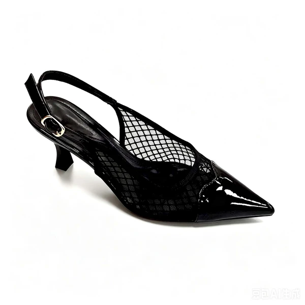 Black Mesh Splicing Patent Slingback Heels Wholesale