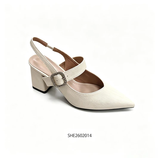 Off White Mary Jane Slingback Block Heels With Rhinestone Buckle