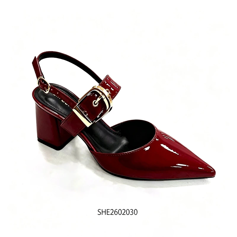 Wine Red Patent Slingback Chunky Heels Pointed Toe Buckle Wholesale