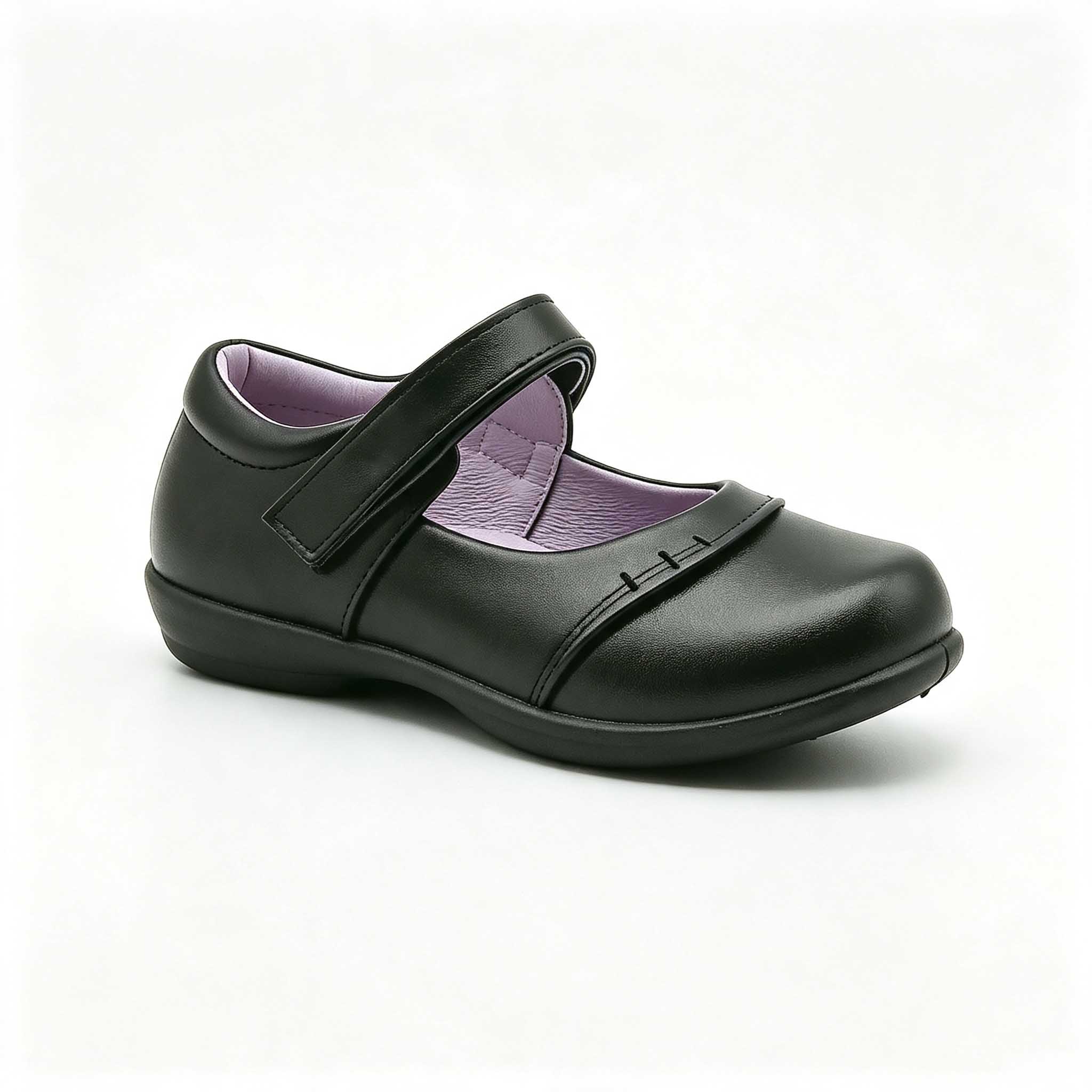Black mary jane girls school shoes with adjustable velcro strap, PU upper and anti-slip TPR outsole