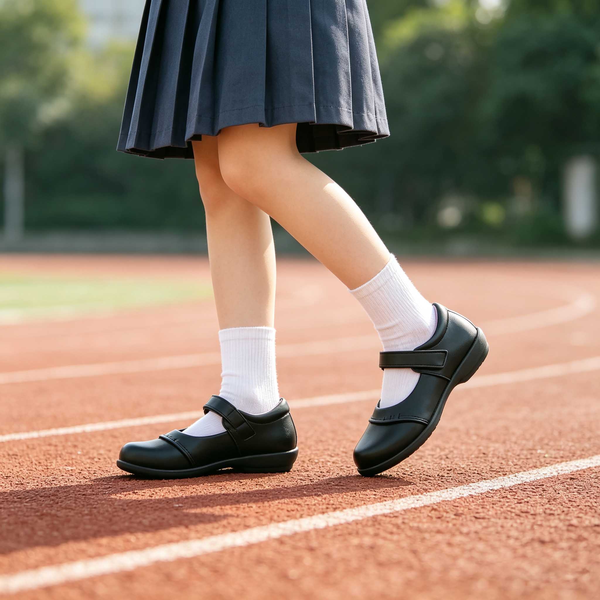 Girl wearing black velcro mary jane school shoes on school running track