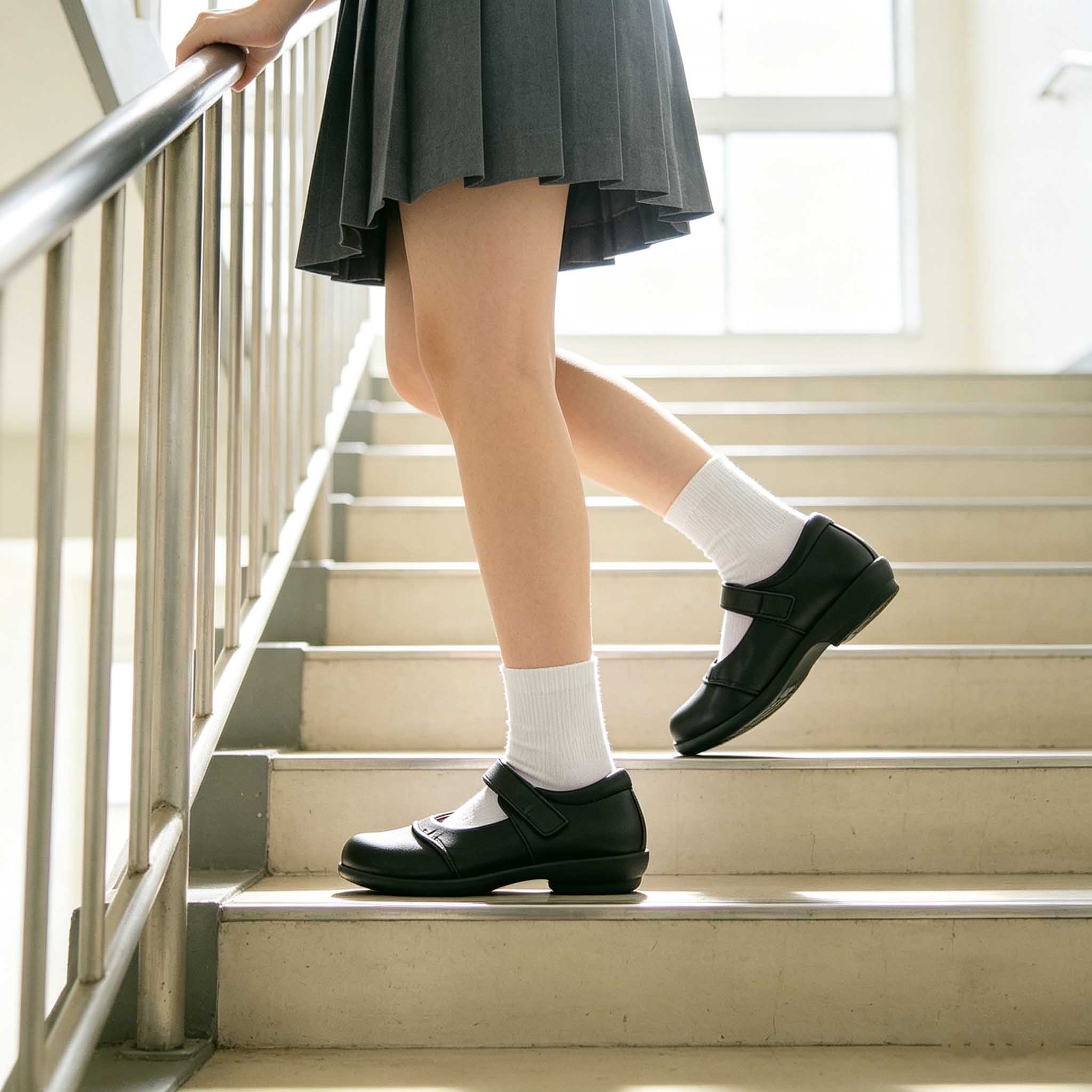Student girl wearing black velcro mary jane school shoes walking on indoor stairs