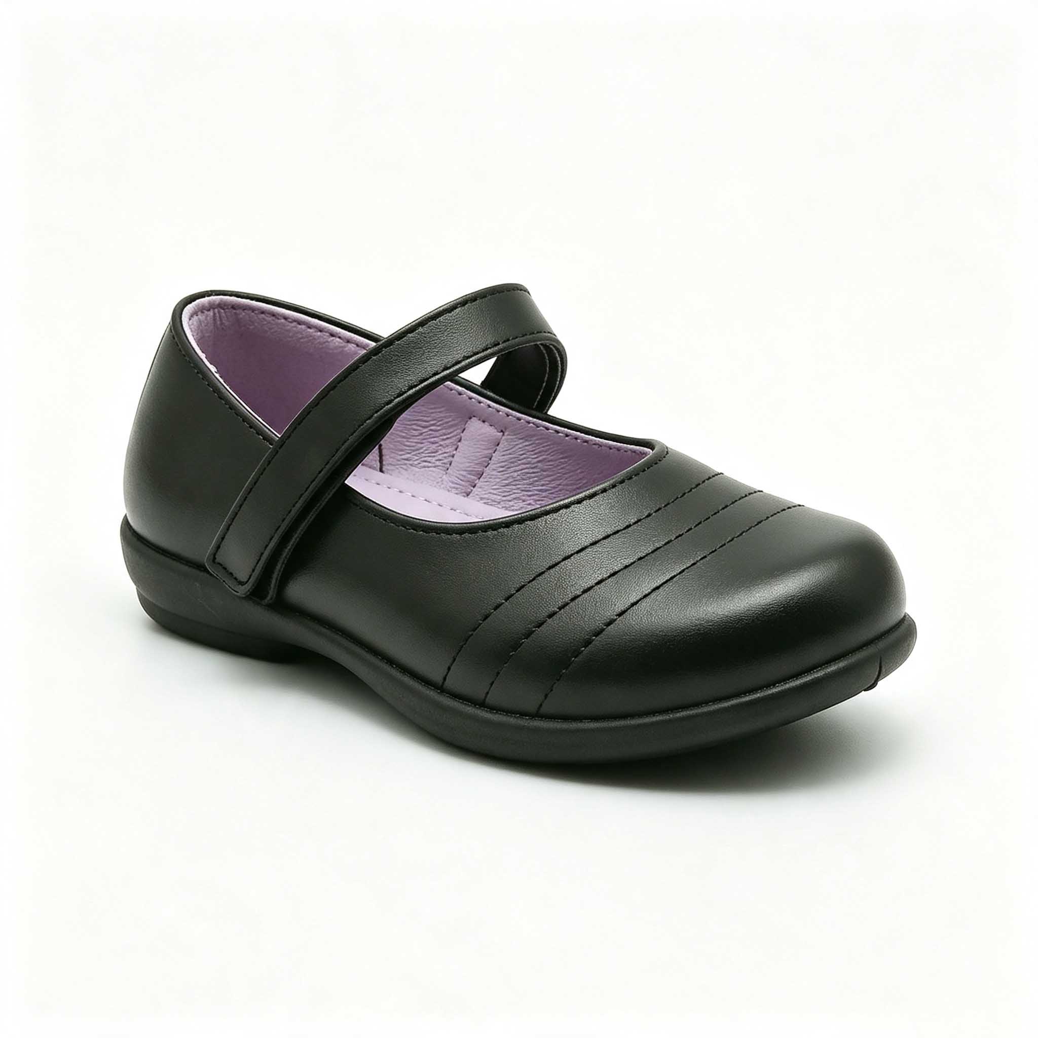 Black mary jane girls school shoes with horizontal front stitch lines, PU upper and anti-slip TPR outsole