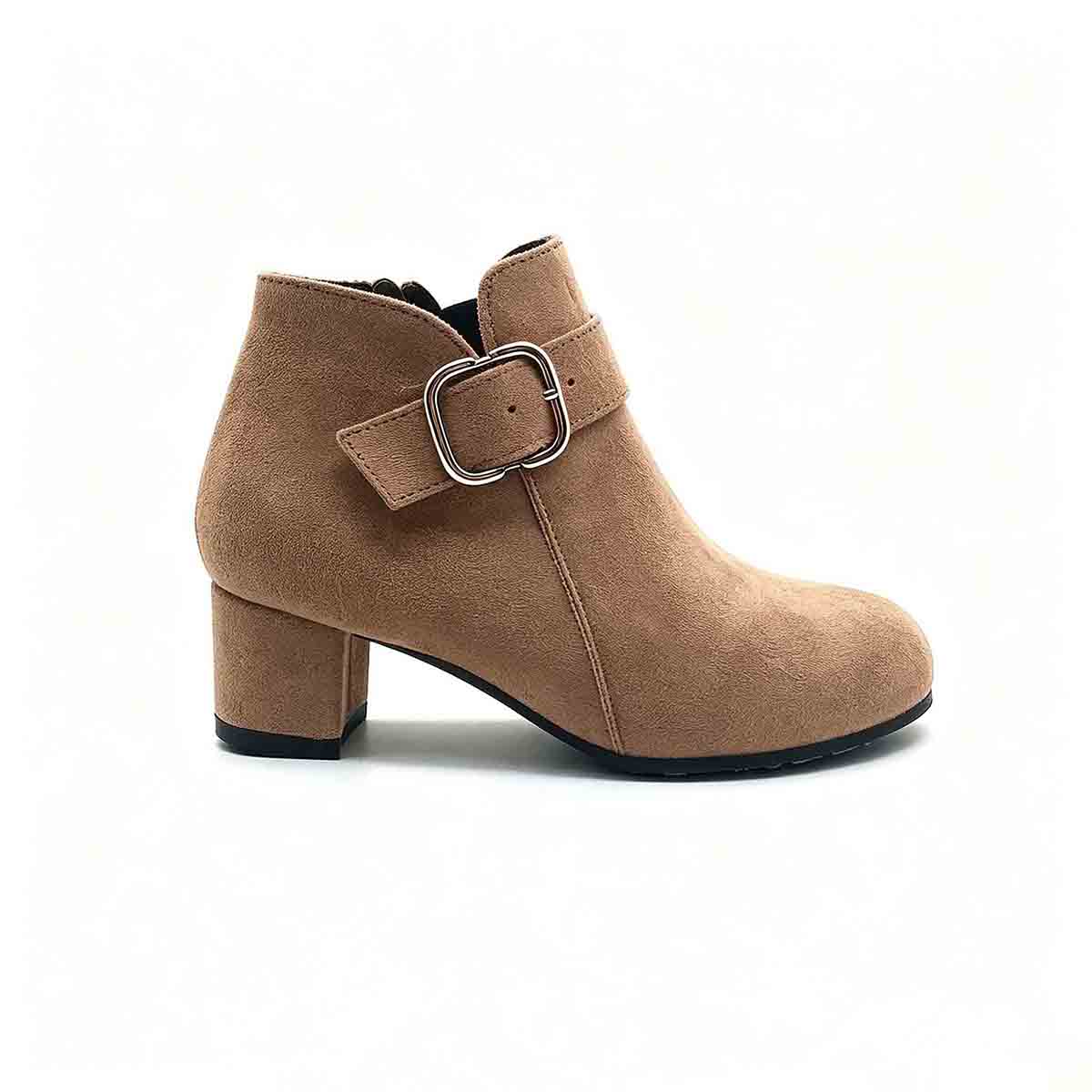 Rear side view of brown children block heel boot with adjustable metal buckle strap