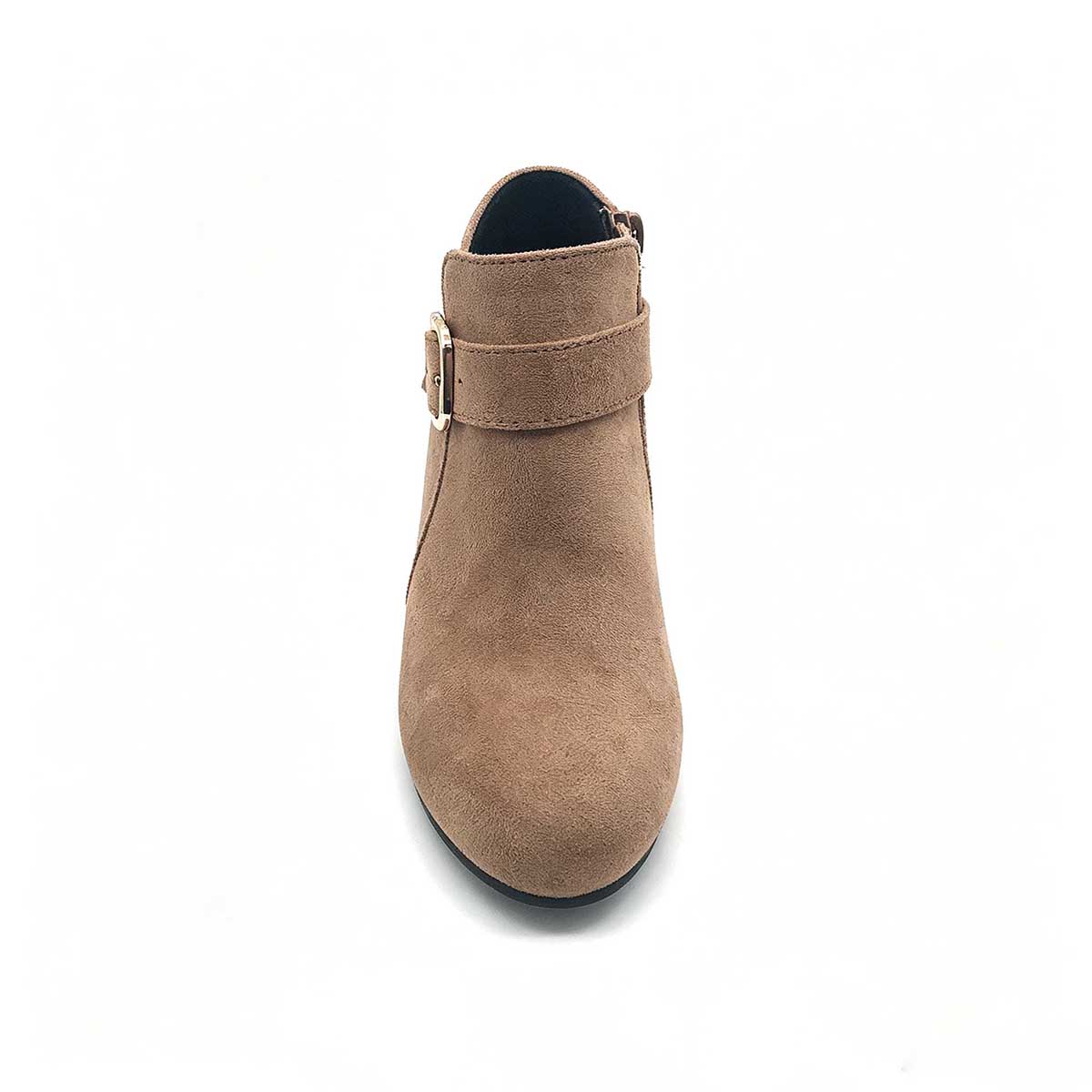 Top down front view of brown suede kids block heel ankle boot with buckle decoration