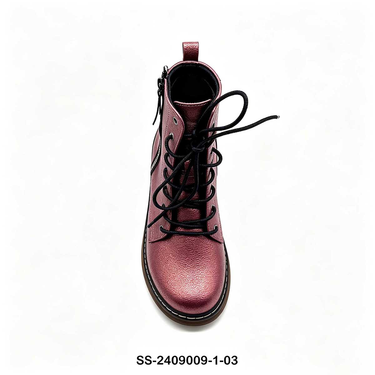 Top view of metallic burgundy children mid calf lace up boot