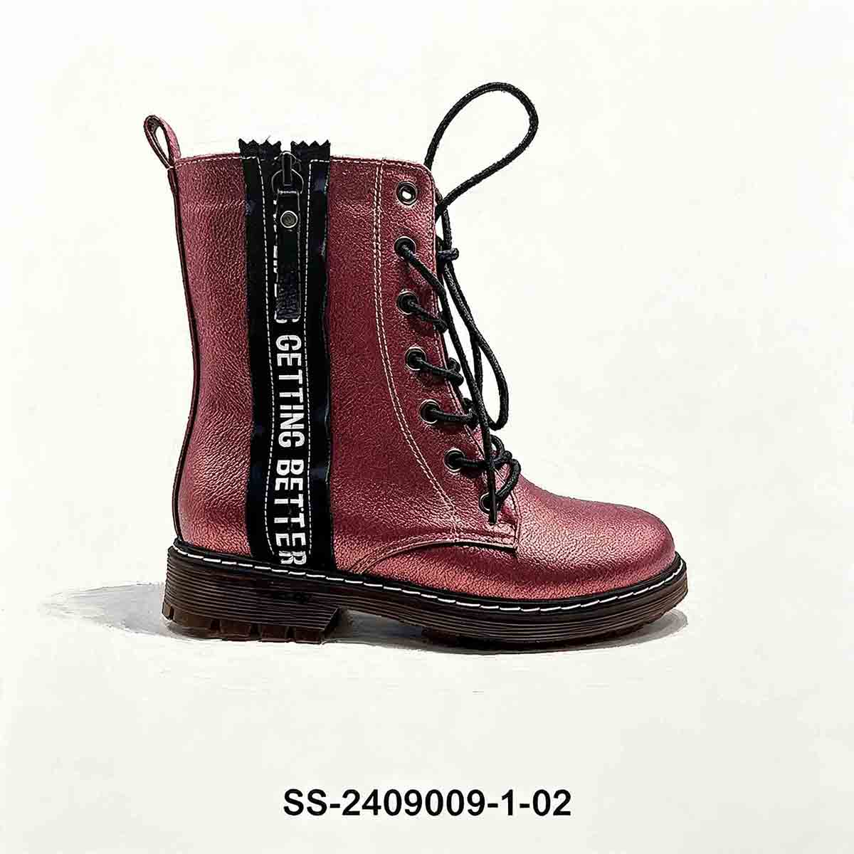 Metallic burgundy girl combat boot closeup, decorative letter ribbon on side zipper