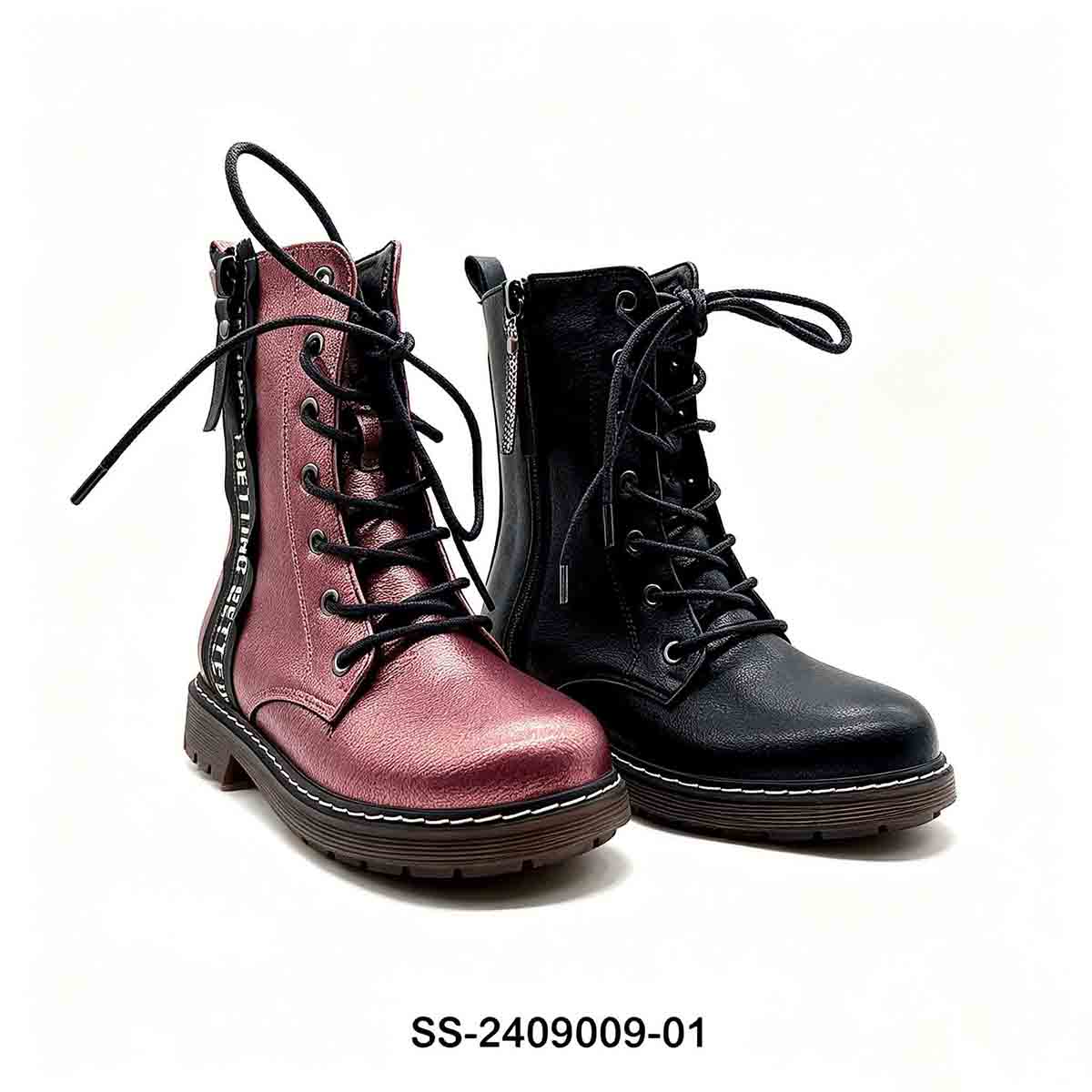 Pair of wholesale kids combat boots, metallic burgundy and black color options