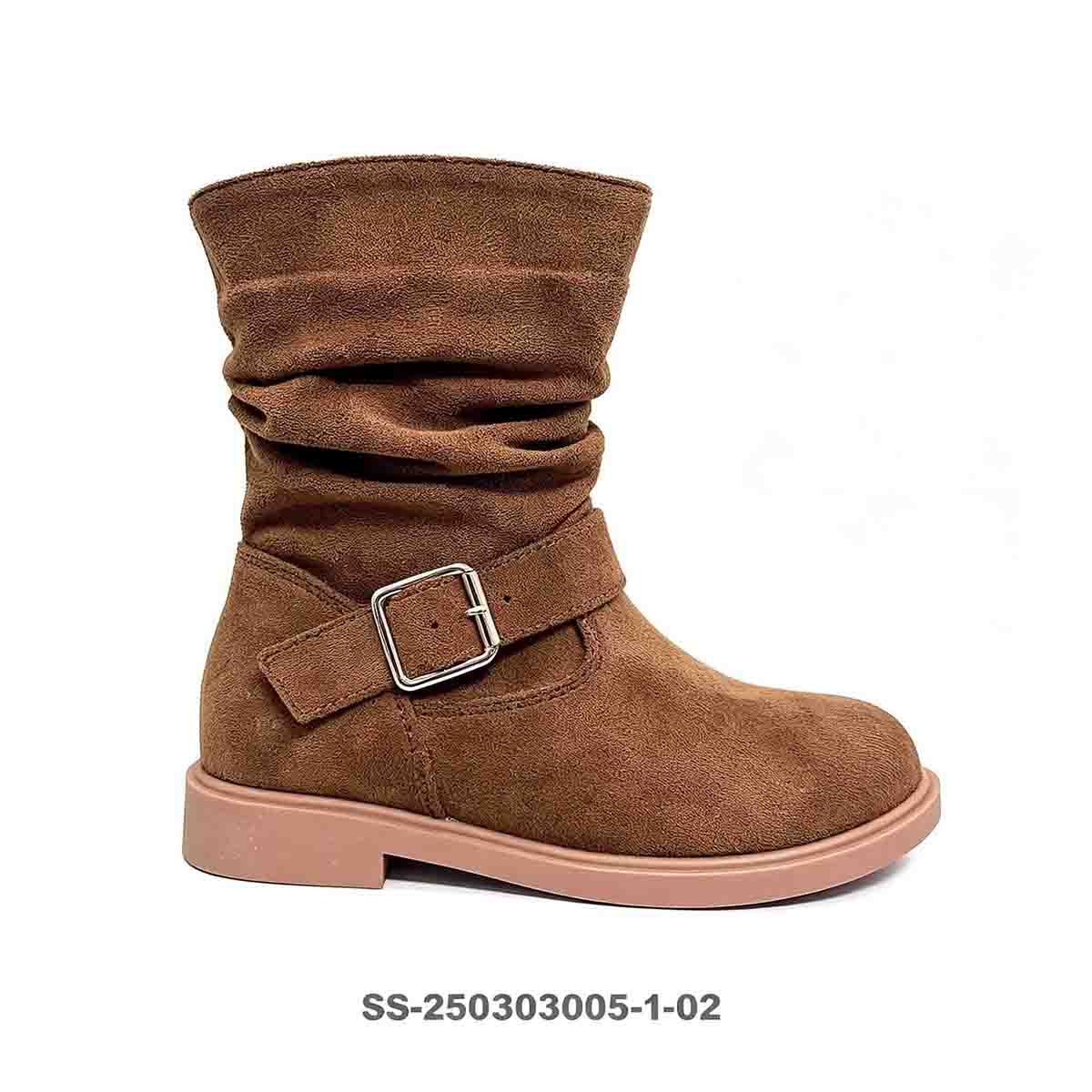 Full side view of brown slouch children boot with decorative metal buckle