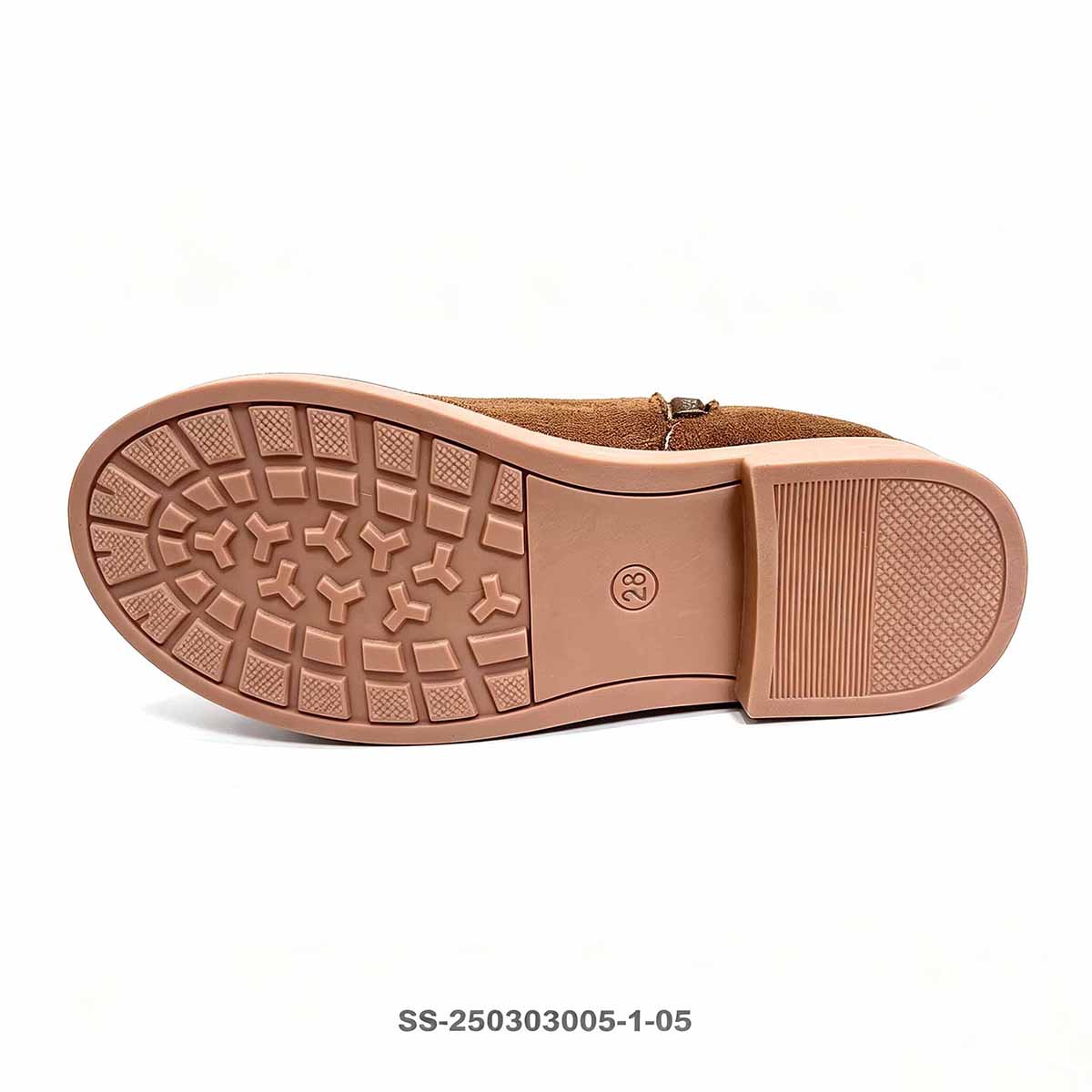 Anti-slip patterned rubber outsole of brown slouch kids boot