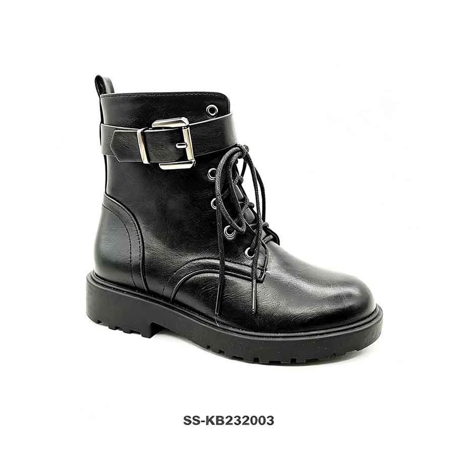 Black faux leather kids combat boot side view with wide metal buckle strap
