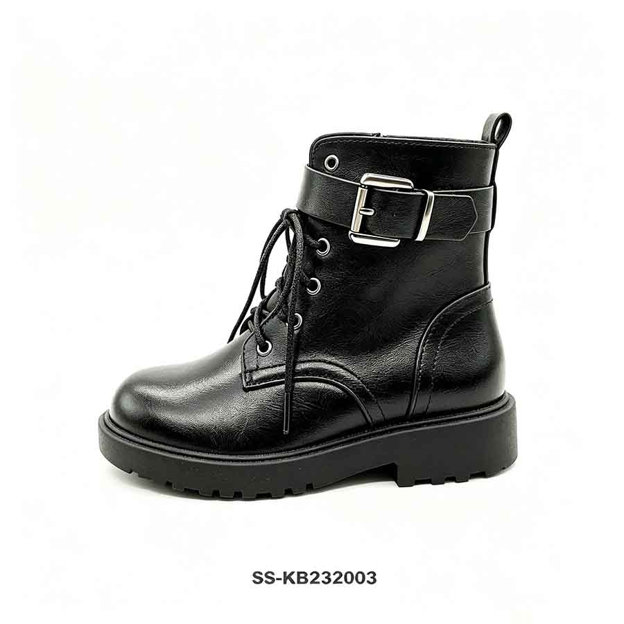 Side profile of black children combat boot with decorative wide buckle strap