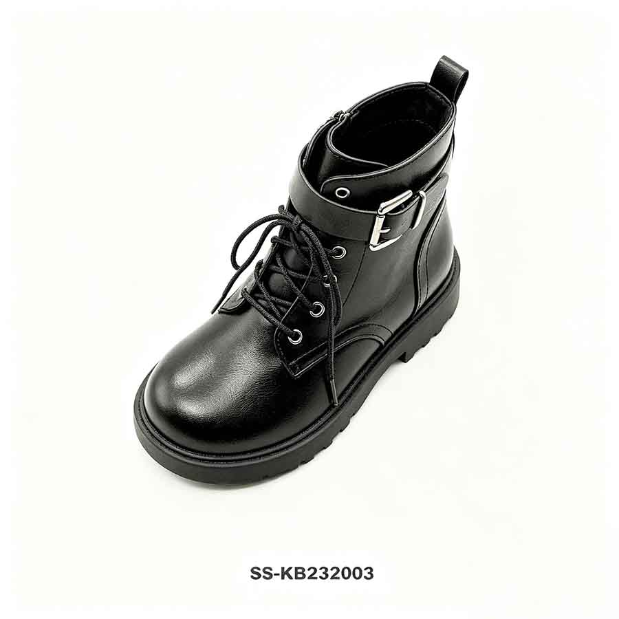 Angled top view of black lace up kids boot with buckle detail