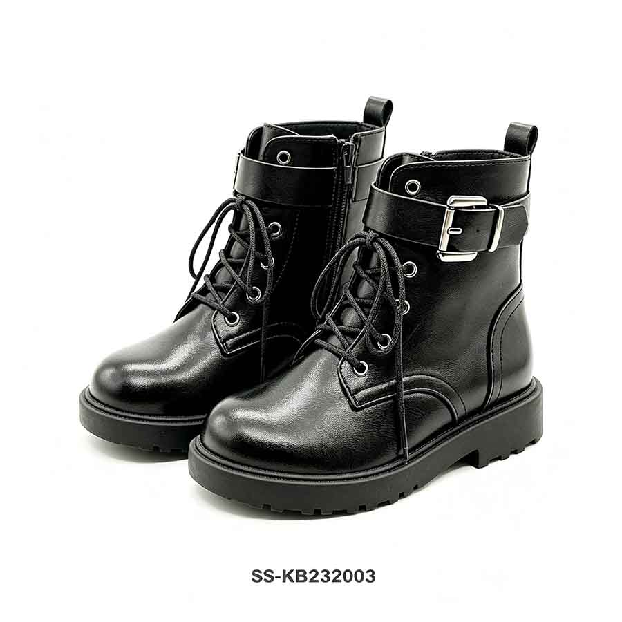 Pair of wholesale black kids combat boots with wide buckle strap