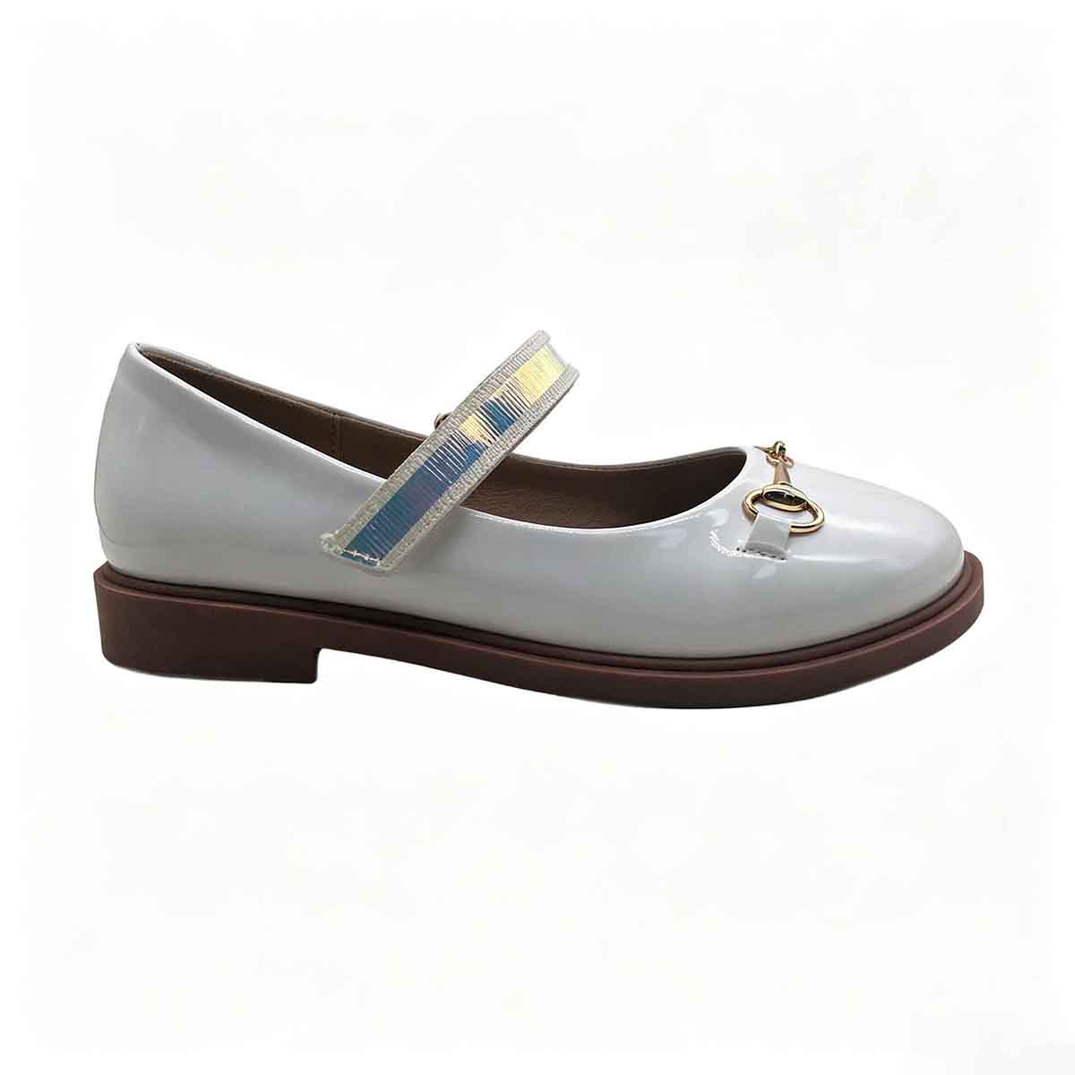 Glossy white kids casual Mary Jane shoe with horsebit metal hardware side view